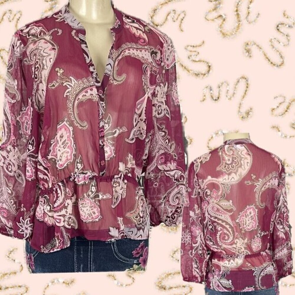 New York & Company M Sheer Majenta Abstract Floral V-Neck 3/4 Sleeve Blouse